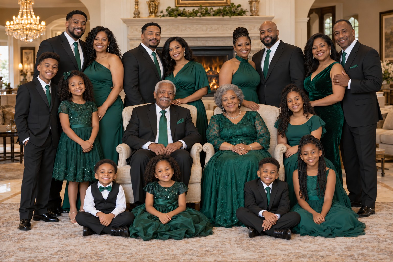 A three-generation family of fourteen in emerald, black and white formal wear, posed together in front of a stone fireplace