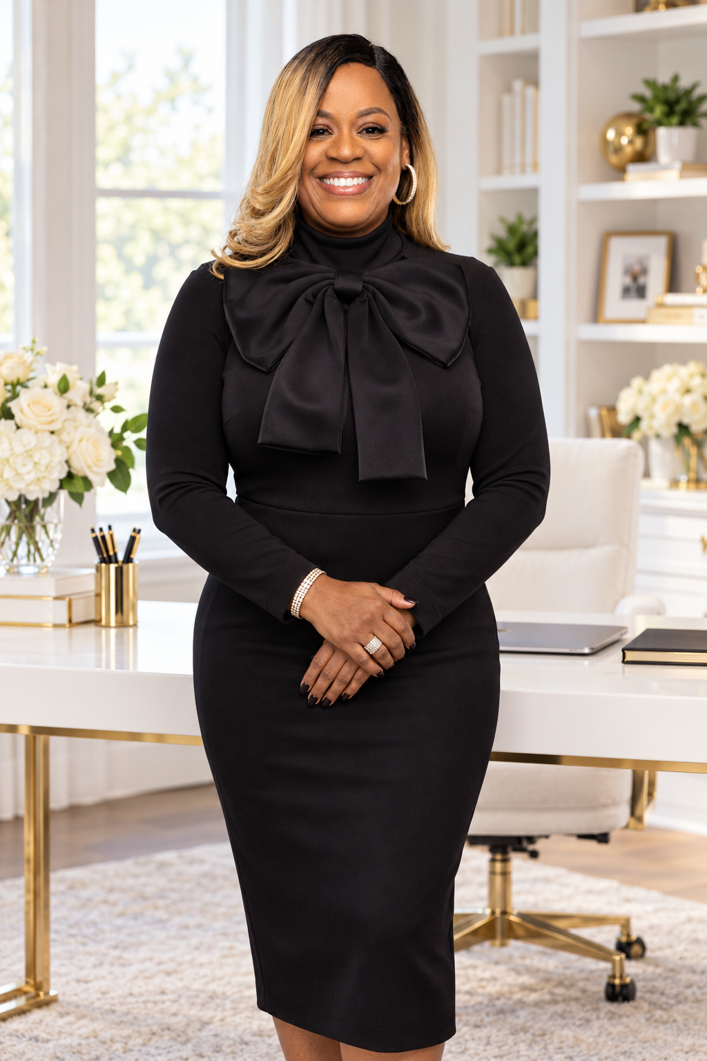 Renee Lee, founder of We Are Family Concierge Services, smiling in a black bow dress in her home office