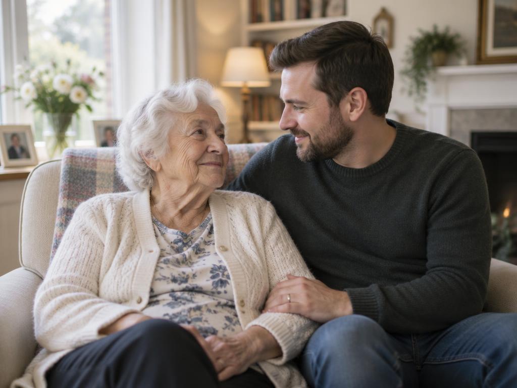 An elderly woman sitting with her adult son, his hand resting gently on her arm