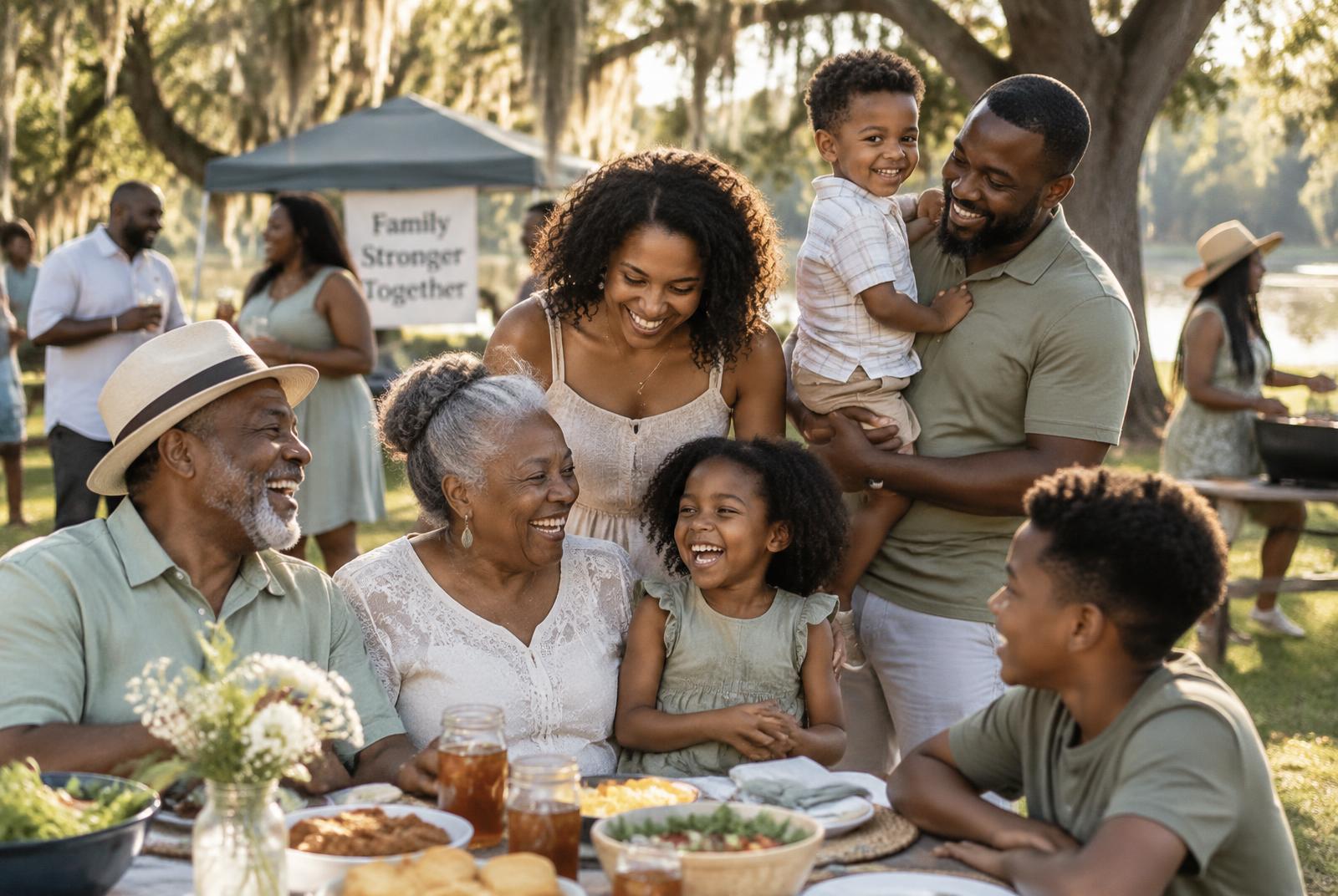 Family gathered at a reunion picnic